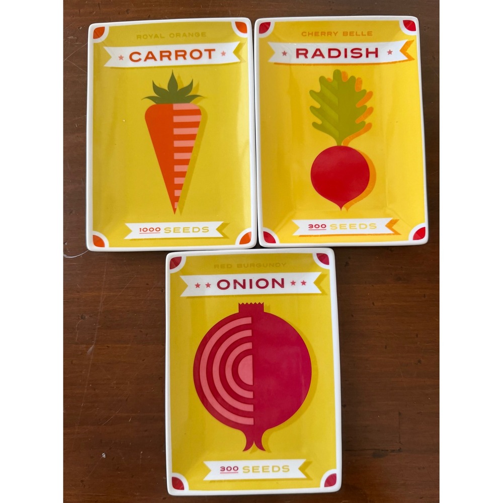CRATE & BARREL Vegetable Seed Packet Ceramic 5x7 Appetizer Plates Set Of 3